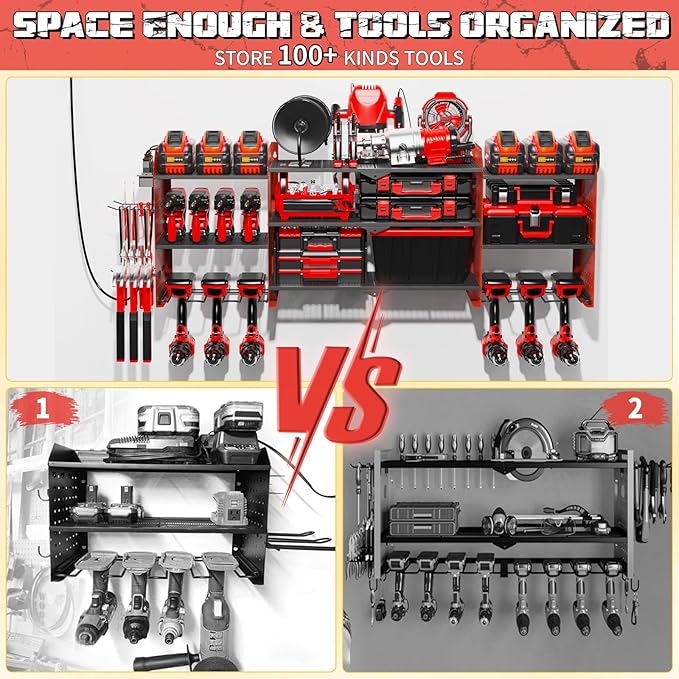 45" Large Power Tool Organizer Wall Mount with Charging Station - 3 Layer Storage Racks with 8 Cordless Drill Holder, 4 Hooks, Heavy Duty Garage Tool Organizer Storage for Workshop Pegboard Basement