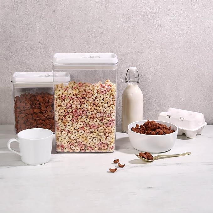 Felli Flip Tite Storage Container with Lid 4" RECTANGULAR Air Tight Ring Flip Top, Stackable Acrylic Canister for Kitchen Counter Pantry, Cereal Granola Pasta Spice, Gift Set for Women (4pk, Variety)-NeatNest