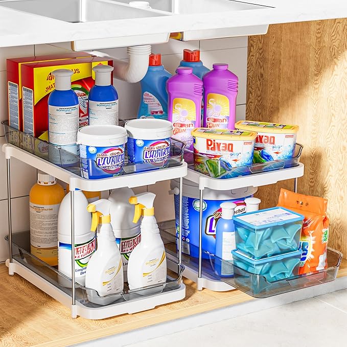 Delamu 2 Sets of 2-Tier Multi-Purpose Bathroom Cabinet Under Sink Organizers and Storage, Stackable Kitchen Pantry Organization and Storage, Grey-NeatNest