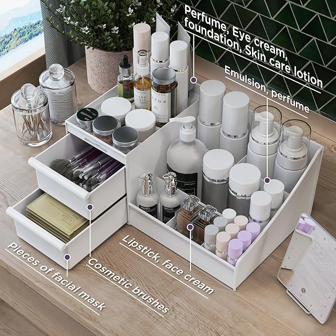 Makeup Organizer Countertop, Vanity Organizer with Drawers for Cosmetics, Skincare, Brushes, Perfume, Skincare Organizer for Vanity, Perfume Organizer for Dresser, Bathroom (White&2 Drawers)-NeatNest