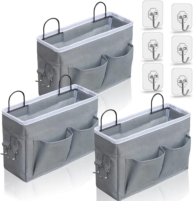 3pcs Middle Wall Hanging Organizer Bag, Linen Fabric Door Hanging Storage Basket with Pockets, Waterproof Bin for Kitchen, Bedroom, Office, RV Camper (Gray)-NeatNest