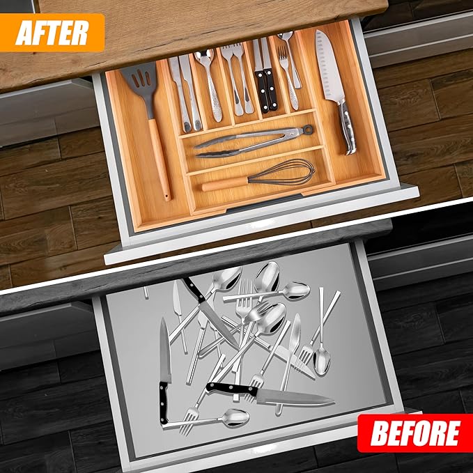 Bellsal Large Premium Bamboo Silverware Organizer - Expandable Utensil Drawer Organizer - 17"x19.6" Utensil Holder and Cutlery Tray with Grooved for Kitchen Flatware and Utensils Mother's Day Gift-NeatNest