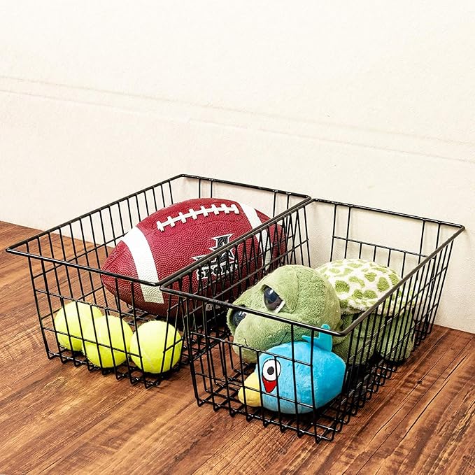Farmhouse Wire Organizer Storage Bins Durable Metal Basket Pantry Large Organizing Storage Bin Baskets for Kitchen Cabinets, Pantry, Freezer, Bathroom,Closets-Set of 6-Black