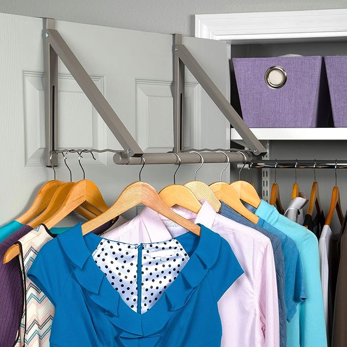 HOLDN’ STORAGE Over The Door Hanger - Foldable Rack Organizer for Hanging Clothes, Coats & Towels, Ideal for Dorm Rooms, Laundry, Bathrooms, Etc - Holds up to 35 LBs, Collapsible - Satin Nickel