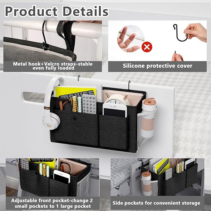 Bedside Caddy Bedside Organizer with Fixed Straps & Water Bottle Holder, Bunk Bed Caddy ideal for Home, Dorm, Hospital, Crib, Versatile Bedside Storage Solution (Black)-NeatNest