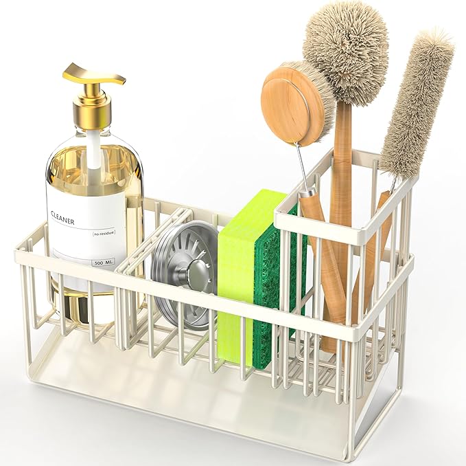 Cisily Off White Sponge Holder for Kitchen Sink, Sink Caddy Organizer with High Brush Holder, Kitchen Countertop Rustproof 304 Stainless Steel, Soap Dispenser Kitchen Organizers and Storage Essentials-NeatNest