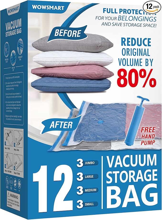 12 Space Saver Vacuum Storage Bags, Vacuum Sealed Storage Bags (3 Jumbo/3 Large/3 Medium/3 Small) with Hand Pump, Vacuum Seal Bags for Clothing, Comforters, Pillows, Towel, Blanket Storage, Bedding