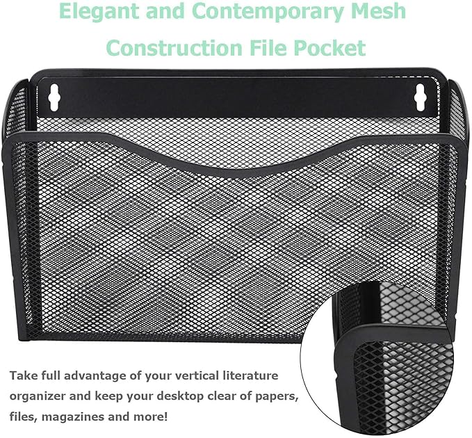 EASEPRES 6 Single Pocket Mesh Hanging File Organizer, Vertical Wall Mounted Magazine File Holder, Mount Basket Mail Paper Document Folder Organizing for Office, Home and School, Black