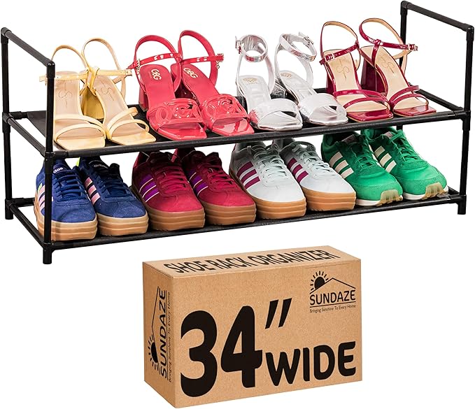 Sundaze Shoe Rack - 2 Tier Shoe Rack for Front Door Entrance, Sturdy Long Shoe Organizer for Closet, Bedroom, Entryway, Garage, Non Woven Fabric Shelf, Black, Holds Up to 10 Pairs-NeatNest