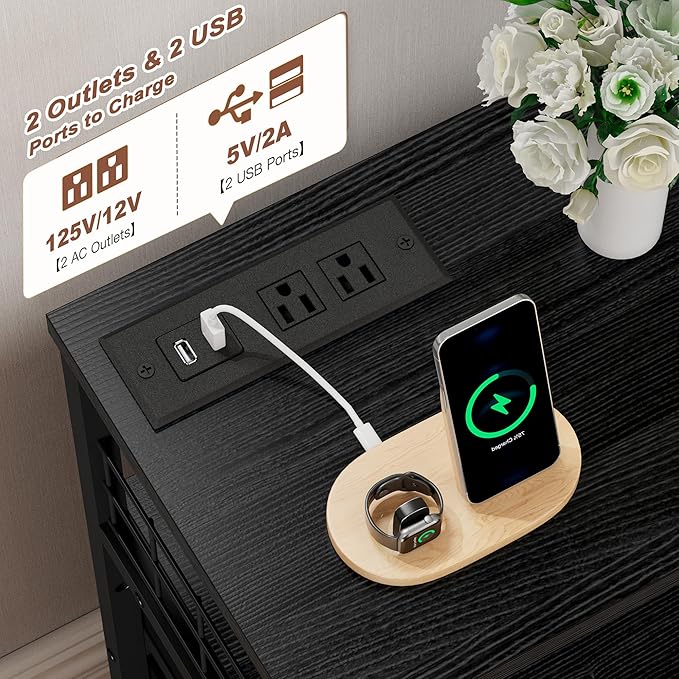 EnHomee Nightstand Set of 2, Night Stand with Charging Station & LED Lights, Bedside Table with 4 Fabric Drawers for Bedroom, Side Table with Outlets and 2 Ports, Black