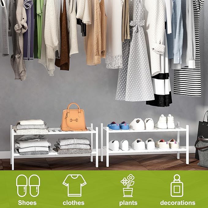 BMOSU 2-Tier Bamboo Shoe Rack Premium Stackable Shoe Shelf Storage Organizer for Hallway Closet Living Room Entryway Organizer(White Bamboo)-NeatNest