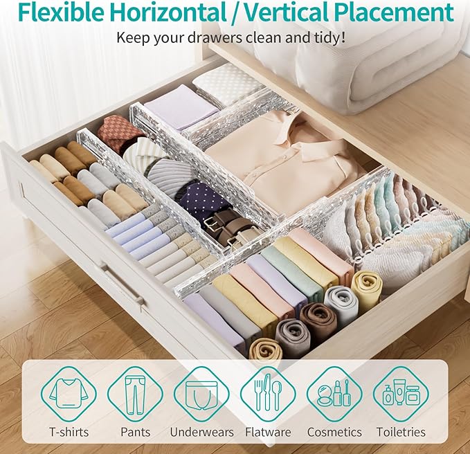6 Pack Drawer Dividers Organizer, Adjustable 3.2" High Expandable from 11.8-20" Kitchen Stackable Drawer Organizer, Clear Plastic Drawers Separators, Kitchen and Office Storage-NeatNest