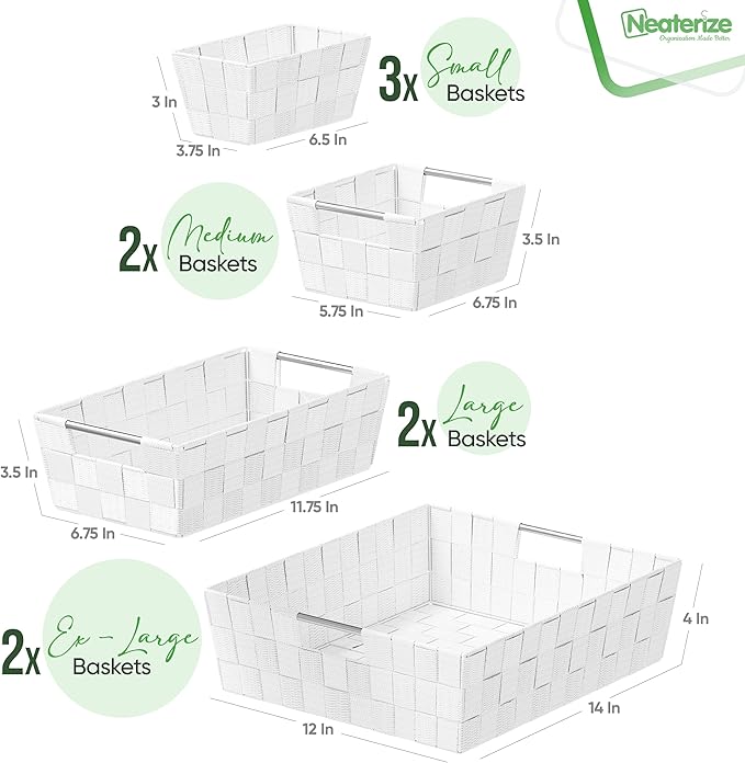 Baskets For Organizing Set Of 9 White - Storage Baskets For Shelves - Perfect Closet Organizer Bins, Bathroom Basket, and Pantry Basket - Small Storage Bins For Shelves - Bin For Organization-NeatNest
