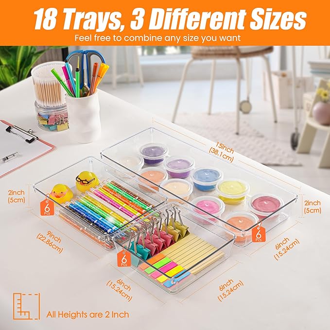 Criusia 18 Pcs Large Size Clear Drawer Organizer Set, Acrylic Non Slip Non Cracking Kitchen Drawer Storage Tray Divider, Multifunctional Storage for Cosmetics, Bathroom, Tools, Kitchen and Office-NeatNest