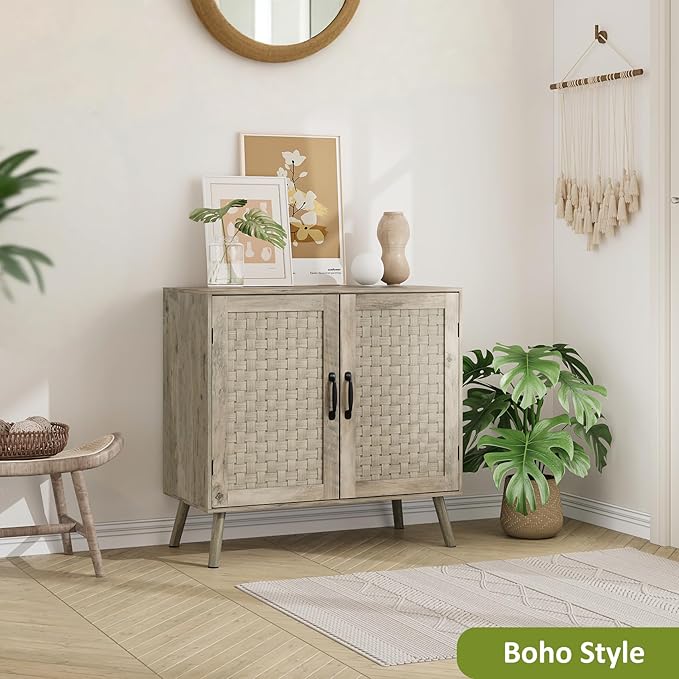 Farmhouse Sideboard Cabinet, Buffet Storage Cabinet with Handmade PVC Rattan Decor Doors & Adjustable Shelf, Wood Accent Table Coffee Station for Kitchen, Living Room, Entryway, Grey Oak-NeatNest