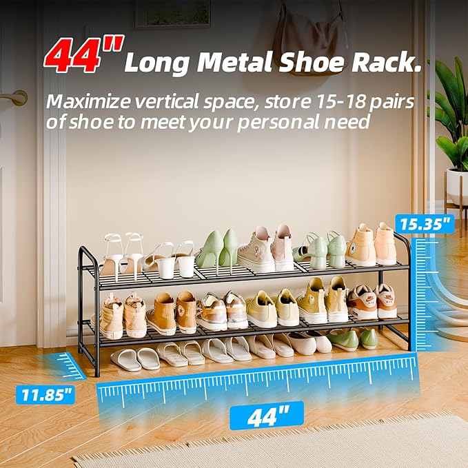 2 Tier Shoe Rack for Closet, 44 Inch Extra Long Shoe Storage Organizer for Shelves, Heavy Duty Metal, Easy Assembly, Black-NeatNest