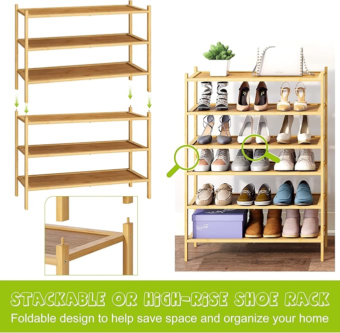 BMOSU 3-Tier Bamboo Shoe Rack Premium Stackable Shoe Shelf Storage Organizer for Hallway Closet Living Room Entryway Organizer(Natural)-NeatNest