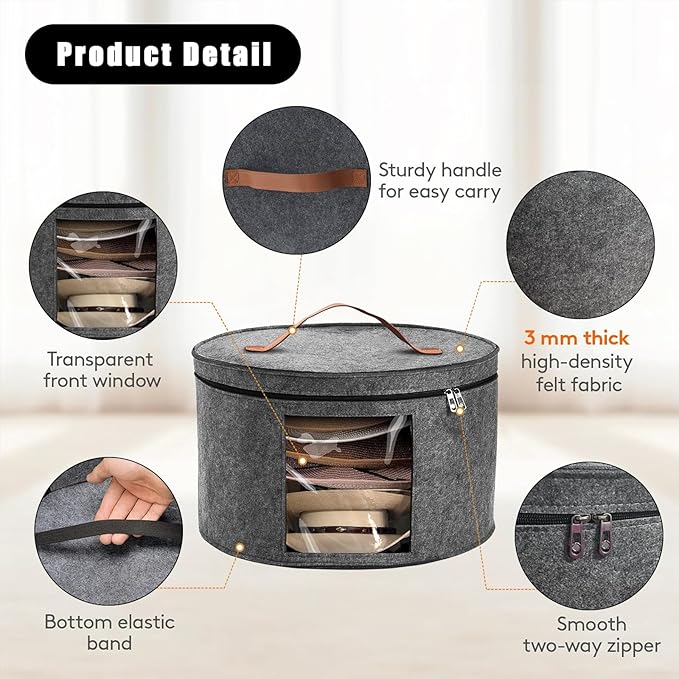 Hat Box, Travel Hat Storage Box, Foldable Hat Boxes for Storage, Space-saving Hat Organizer for Closet, Convenient Stackable Hat Carrier Case for Round Brim, Cowboy, Panama & Tweed Hats-NeatNest