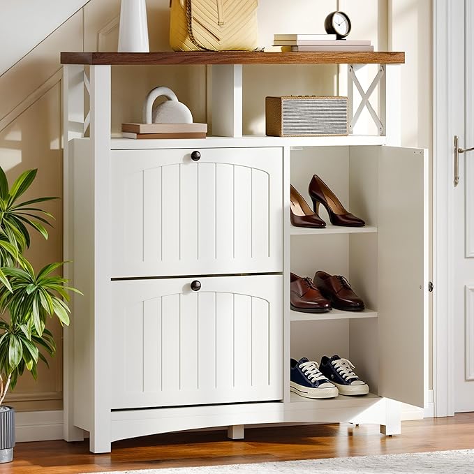 DWVO Farmhouse Shoe Cabinet with 2 Flip Drawers, Wood Shoe Rack w/Door, Entryway Shoe Organizer with Open Storage & Adjustable Shelves, Rustic Hidden Shoes Storage Cabinet for Foyer, Hallway, White-NeatNest