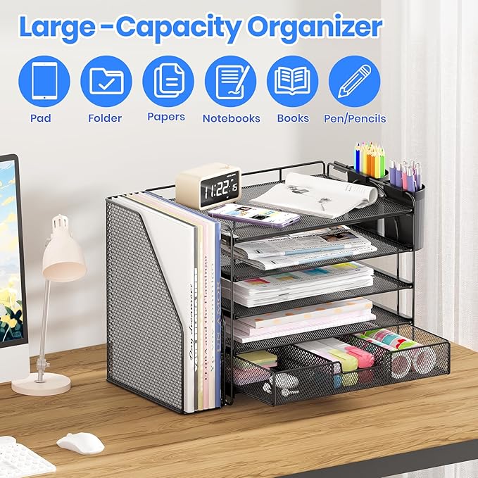 Desk Organizers and Accessories, 5-Tier Paper File Organizer with Drawer & Pen Holder, Office Desk Accessories Workspace Desktop Organizer for Office Supplies(Black)-NeatNest