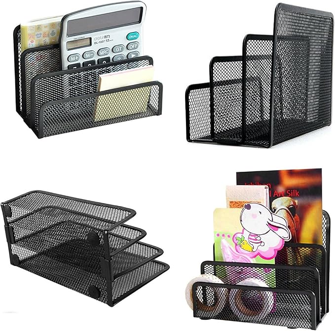 EASEPRES Desk Mail Organizer, Office Small Desktop Metal Mesh Envelope Letter Sorter Paper File Holder Organizer with 3 Vertical Upright Compartments, Black 1 Pack