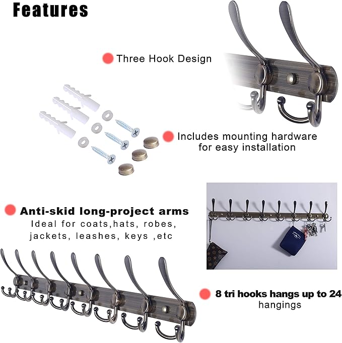 Dseap Coat Rack Wall Mount - 29.5” Long 8-Tri-Hooks Heavy Duty Coat Hanger Rail Wall Hooks for Hanging Coats Hats Clothing Clothes Purse Mudroom Entryway, Bronze, Pack of 2-NeatNest