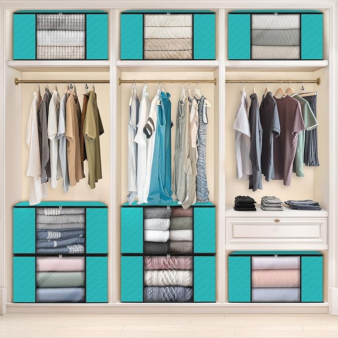 Fab totes 8 Pack Clothes Storage, Foldable Thick Fabric Blanket Storage Bags, Containers for Organizing Bedroom, Closet, Clothing, Comforter,Closet Organization with Handle,Green-NeatNest