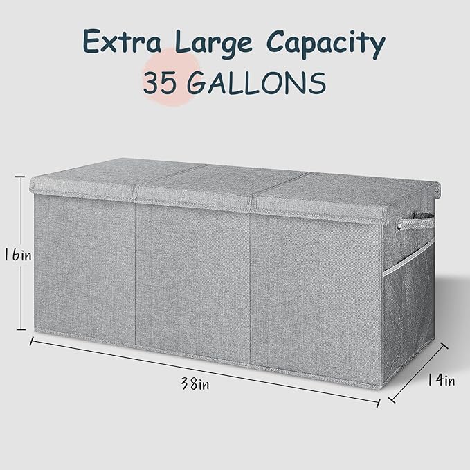Extra Large Toy Box with Lids - Sturdy Collapsible Kids Storage Organizer Big Bin Chest Basket with Dividers for Boys Girls, Bedroom, Nursery, Living Room, Playroom Organization, 38"x16"x14", Gray
