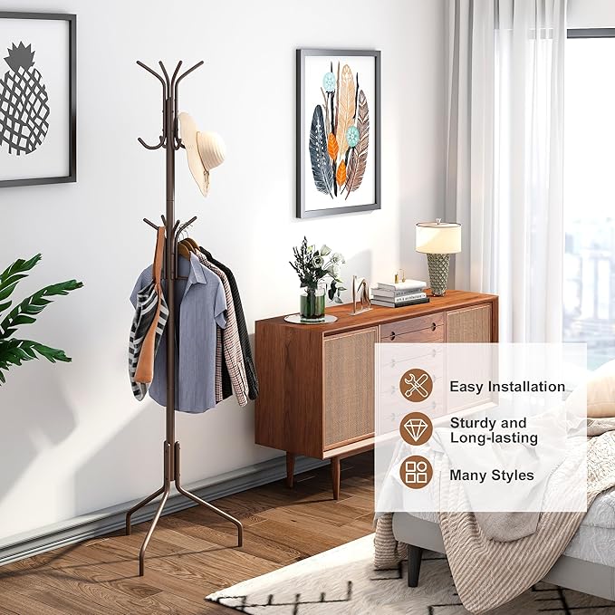 FILWH Coat Rack Freestanding Coat Tree Standing Coat and Hat Hanger Jacket Organizer Rack Metal,18.3" L x 18.3" W x 71.5" H, Brown-NeatNest