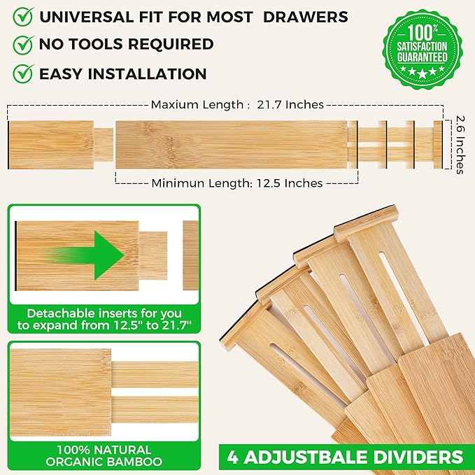 Bamboo Drawer Dividers Organizer with Inserts, Expandable from 12.5-21.7", Adjustable Drawer Organizer Separators for Utensils, Dresser, Bedroom, Bathroom, Closet, Clothing, Office (Beige)-NeatNest