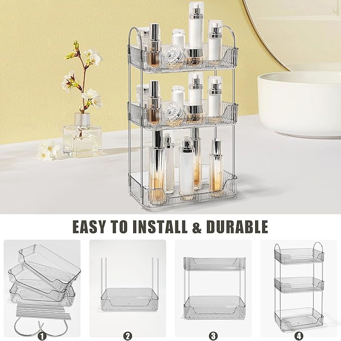 Bathroom Counter Organizer Countertop Storage Skincare Countertop Makeup Organizer Cosmetics Skincare Organizers Holder for Perfume-Grey-Silver Pole-3 Tier-NeatNest