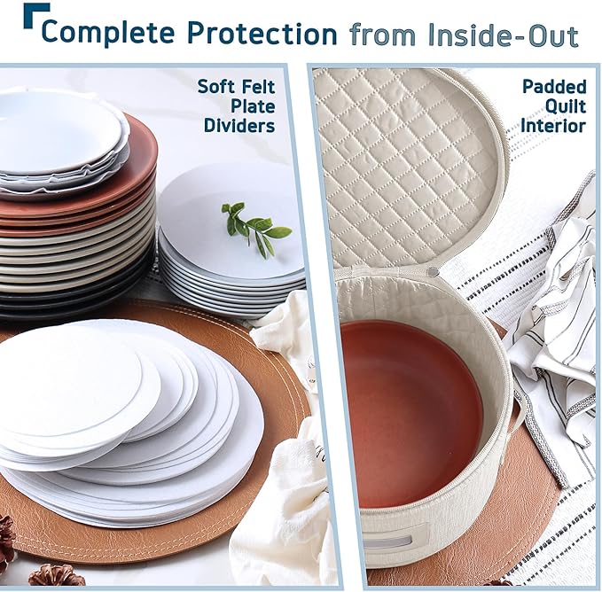 Fine China Storage Containers Hard Shell, 4 Piece Dish Storage Containers, Quilted Plate Containers, Stackable Dish Organizer with Dividers, Dinnerware Storage for Moving and Seasonal Storage, Cream-NeatNest