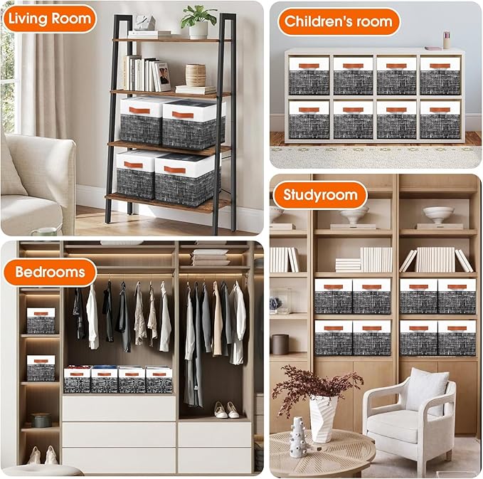 Fab totes Collapsible Storage Baskets for Shelves,14"x10", 8 Pack Foldable Fabric Storage Bins with Double Leather Handles, Large Baskets for Organizing Books, Clothes, White & Black