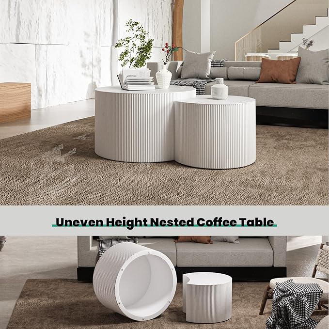 Round Nesting Coffee Table Set of 2 Circle Nested Coffee Tables Modern Fluted Coffee Table Set of 2 Wooden Drum End Side Tables for Living Room Bedroom Small Spaces (Cream Small)