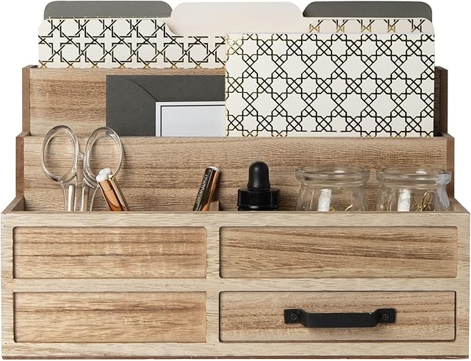 BLU MONACO Natural Wood Mail Organizer with Drawer & Pen Holder – Desk Organizer for Bills, Storage, Countertop & Kitchen-NeatNest