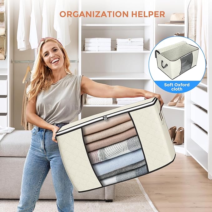 90 L Large Storage Bags, 6 Pack Clothes Storage Bins Foldable Closet Organizers Storage Containers with Reinforced Handle for Clothing, Blanket, Comforters, Bed Sheets, Pillows and Toys (Beige)-NeatNest
