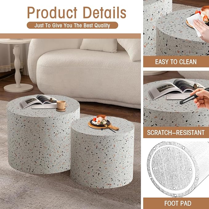 Round Nesting Coffee Table Set of 2 Terrazzo Round Drum Fluted Coffee Tables for Small Space Modern Stacking Nesting Tables Minimalist Circle Center Table 2 Piece for Living Room (Terrazzo)