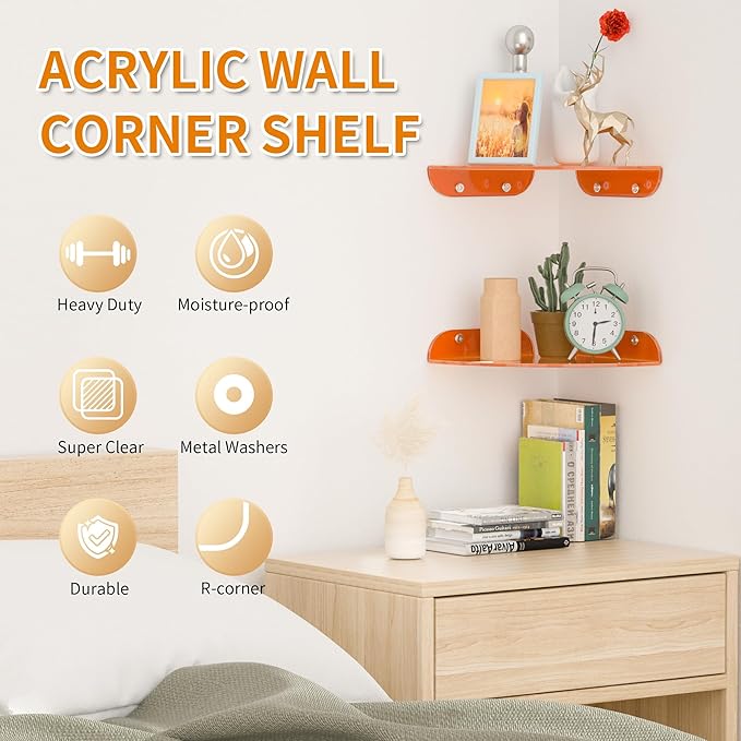 9.5x9.5 Inch Acrylic Corner Floating Shelf Set of 2, Orange Corner Wall Shelf for Home Décor, Speakers, Security Cameras, Toileries, Plants, Figures, Cosmetics, Books