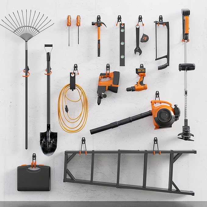 BONTEC Heavy Duty Garage Hooks, Anti-Slip Coated Black Steel with Strong Load Capacity, Multi-Sized U and J Hooks, Easy Wall Mount for Garage, Garden, Workshop (Orange, 18 Pack)-NeatNest