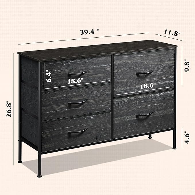 WLIVE Dresser for Bedroom with 5 Drawers, Wide Dressers with Drawer Organizers, Chest of Drawers, Fabric Dresser for Living Room, Closet, Hallway, Charcoal Black Wood Grain Print-NeatNest