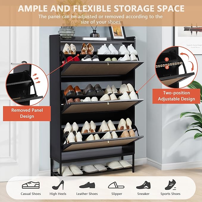 LEVNARY Shoe Storage Cabinet with 3 Flip Drawers, Freestanding Shoe Cabinet Storage Organizer for Entryway, Wooden Narrow Shoe Racks Cabinet with Metal Legs for Hallway (Black)-NeatNest
