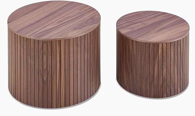 kevinplus Walnut Coffee Table Nesting Tables Set of 2 for Living Room, Modern Circle Drum Wood Small Coffee Table with Storage Contemporary Side Table End Table with Moveable Lid, Walnut