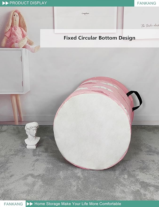 FANKANG Storage Basket, Nursery Hamper Canvas Laundry Basket Foldable with Waterproof PE Coating Large Storage Baskets for Kids Boys and Girls, Office, Bedroom, Clothes,Toys(pink cloud)