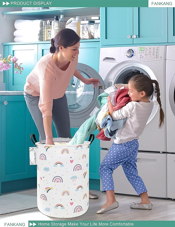 FANKANG Storage Basket, Nursery Hamper Canvas Laundry Basket Foldable with Waterproof PE Coating Large Storage Baskets for Kids Boys and Girls, Office, Bedroom, Clothes,Toys(Love Rainbow )