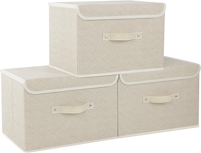 Fabric Storage Bins Cube Organizers with Flip-Top Lid and Handles,Storage Boxes for Organizing Home,Office,and Closet,Grey and Beige,3 Pack 15 x 9.8 x 9.8 in-NeatNest