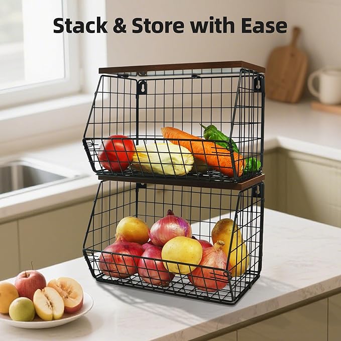 2-Pack Hanging Fruit Basket for Kitchen, Wall Mounted Metal Wire Storage Bins w/Wood Lid, Banana Hook, Stackable Vegetable Organiser for Countertop Pantry Produce Fruits Onion and Potato