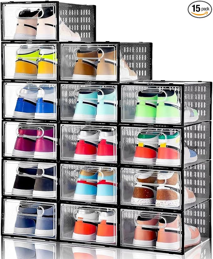Clemate 15 Pack Shoe Storage Boxes, Clear Plastic Stackable Shoe Organizer for Closet, Shoe Box with Magnetic Door, Foldable Shoe Storage Bin, Sneaker Storage Box Shoe Rack Container Holder, Size 11-NeatNest