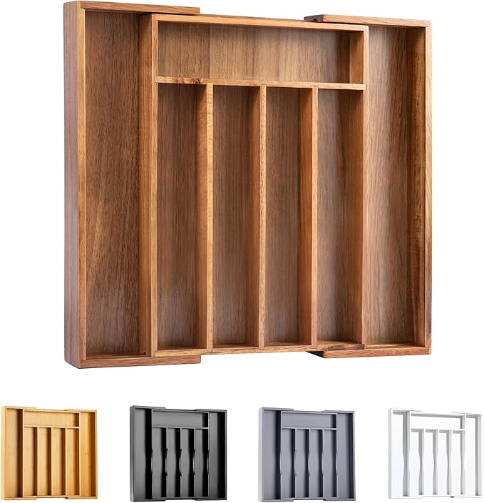 Bellsal Acacia Silverware Organizer Kitchen Drawer Organizer Expandable Bamboo Utensil Holder Cutlery Tray for Kitchen Utensil and Flatware Bedroom Office-NeatNest