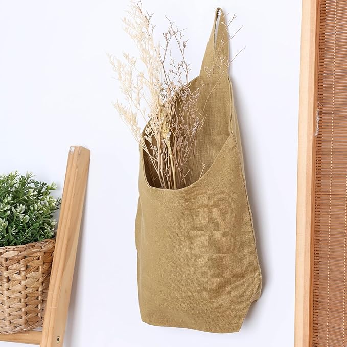 100% Linen Hanging Storage Bags Baskets 2 Pcs, Small Wall Storage Bag for Kitchen, Bedroom, RV Camper Organizer, Sewing Room, Nursery Storage, Kids Room, Dark Yellow