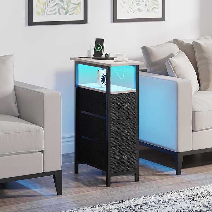 End Table with Charging Station, Narrow Side Table with 3 Fabric Drawers, Skinny Nightstand with LED Light, Slim Bedside Table for Bedroom, Living Room, Small Spaces, Greige and Black